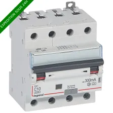 Disjoncteur différentiel monobloc DX³6000 10kA arrivée haute et départ bas à vis 4P 400V~ - 10A - typeA 300mA réf : 411238