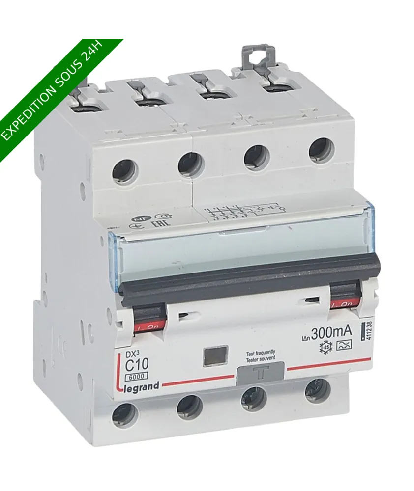 Disjoncteur différentiel monobloc DX³6000 10kA arrivée haute et départ bas à vis 4P 400V~ - 10A - typeA 300mA réf : 411238