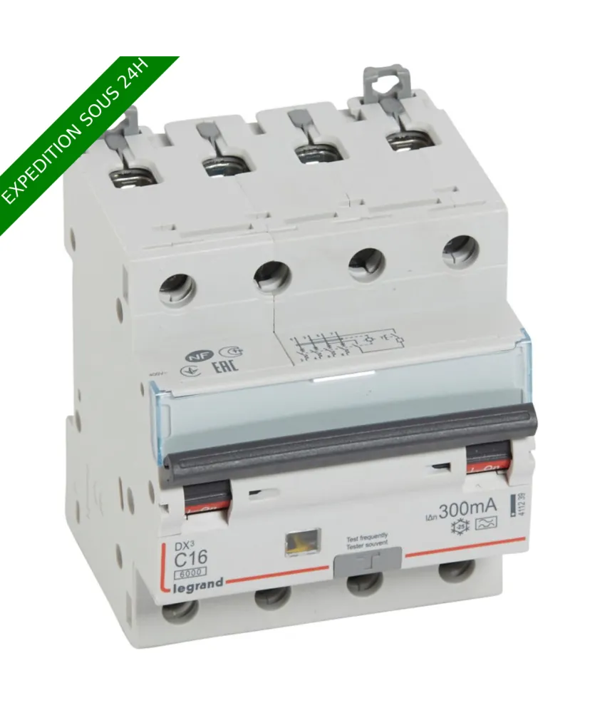 Disjoncteur différentiel monobloc DX³6000 10kA arrivée haute et départ bas à vis 4P 400V~ - 16A - typeA 300mA réf : 411239