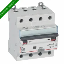 Disjoncteur différentiel monobloc DX³6000 10kA arrivée haute et départ bas à vis 4P 400V~ - 32A - typeA 300mA réf : 411242