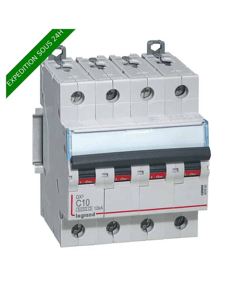Disjoncteur DX³6000 10kA arrivée haute et départ bas à vis 4P 400V~ - 10A - courbe C - pour peigne HX³ traditionnel : ref 4