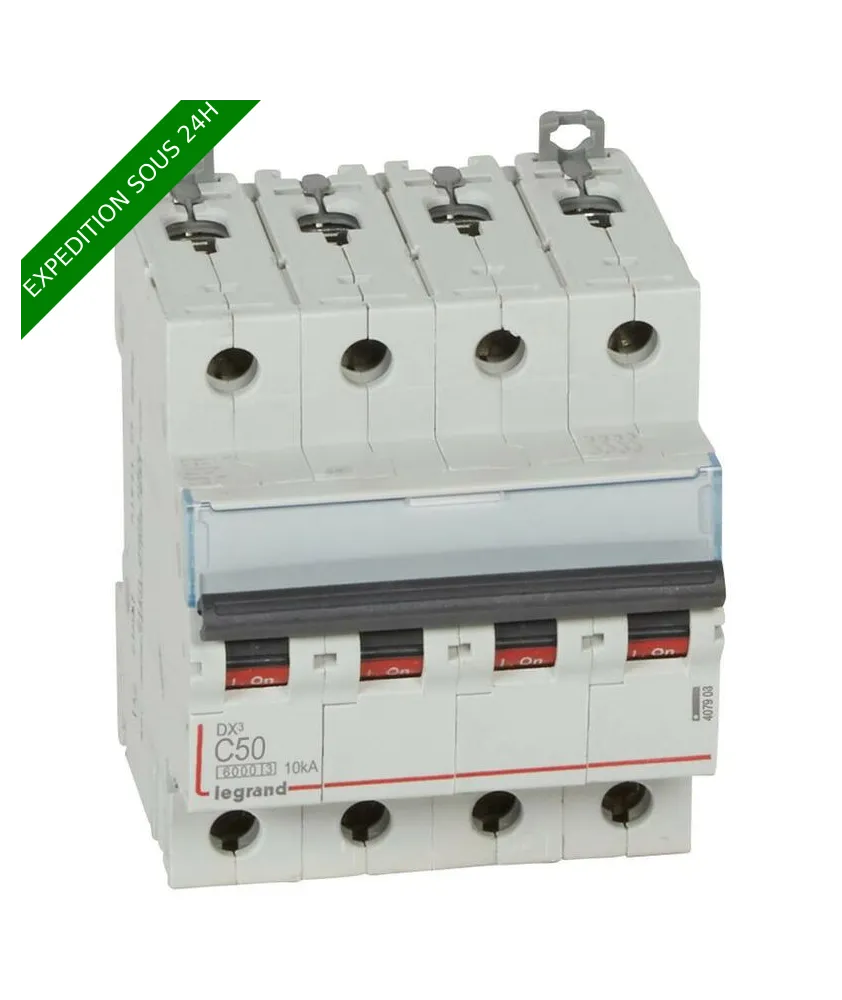 Disjoncteur DX³6000 10kA arrivée haute et départ bas à vis 4P 400V~ - 50A - courbe C - pour peigne HX³ traditionnel : ref 4
