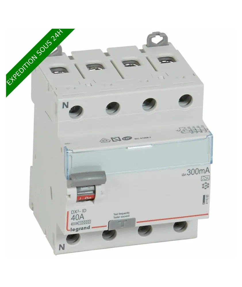 Interrupteur différentiel DX³-ID arrivée haute et départ bas à vis - 4P 400V~ 40A typeA 300mA - 4 modules réf : 411685