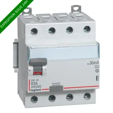 Interrupteur différentiel DX³-ID arrivée haute et départ bas à vis - 4P 400V~ 63A typeA 30mA - 4 modules réf : 411676