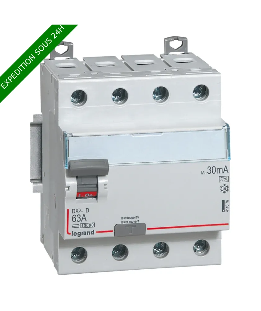 Interrupteur différentiel DX³-ID arrivée haute et départ bas à vis - 4P 400V~ 63A typeA 30mA - 4 modules réf : 411676